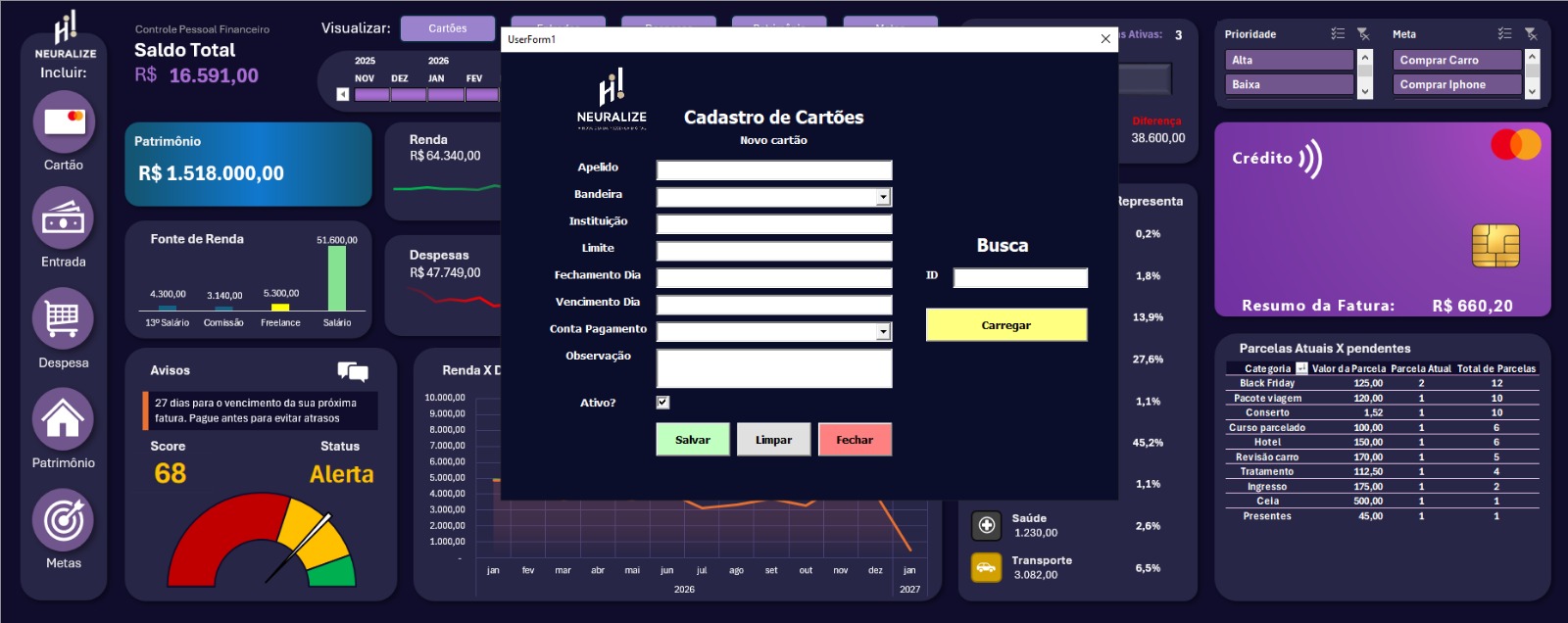 Formulário de cadastro de cartões da Neuralize